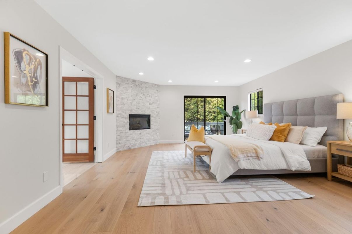 Bedroom, Fireplace, Interior, Recessed Lighting, Stone Walls, Wood Texture Flooring