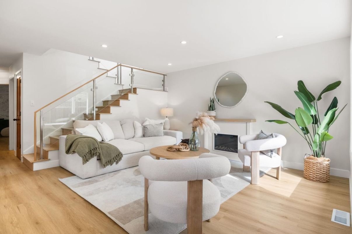 Fireplace, Interior, Living room, Recessed Lighting, Wood Texture Flooring
