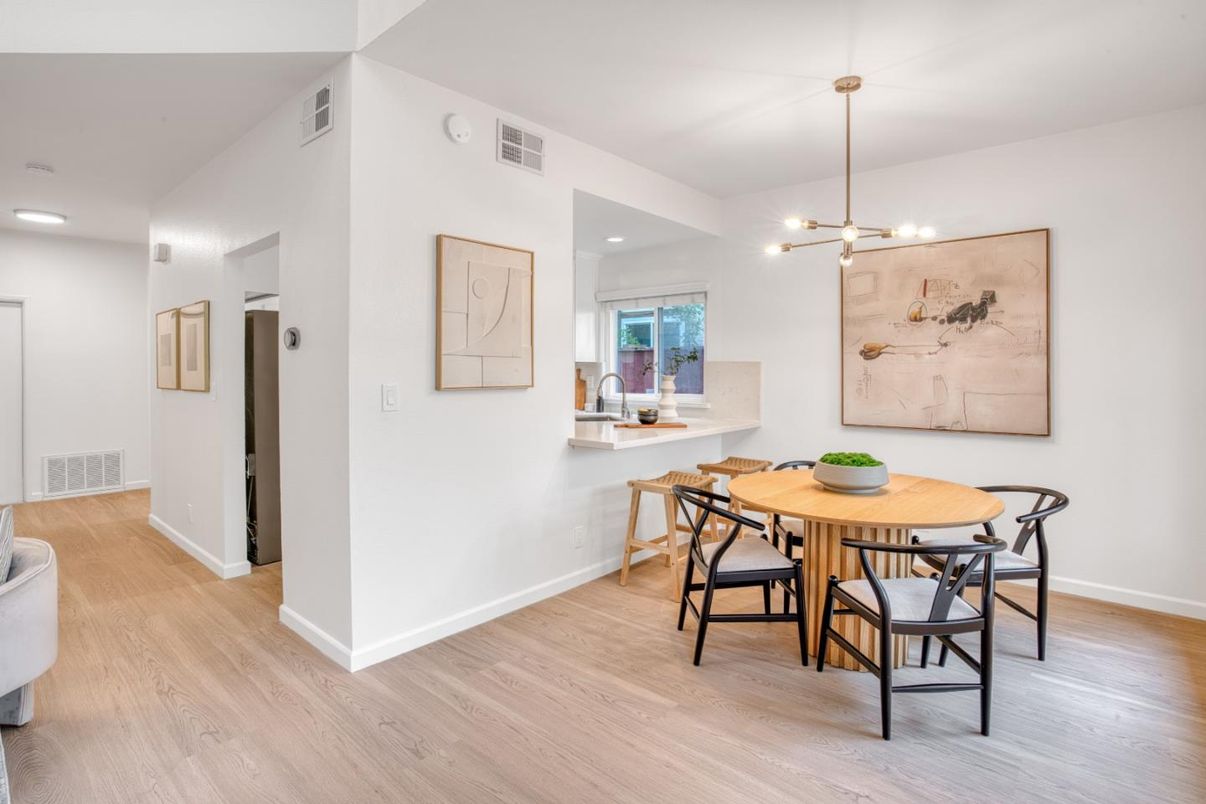Dining room, Interior, Pendant Lights, Recessed Lighting, Wood Texture Flooring