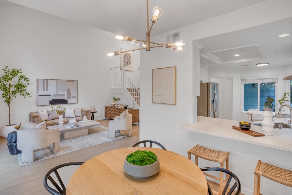 Dining room, Interior, Kitchen, Living room, Recessed Lighting, Wood Texture Flooring