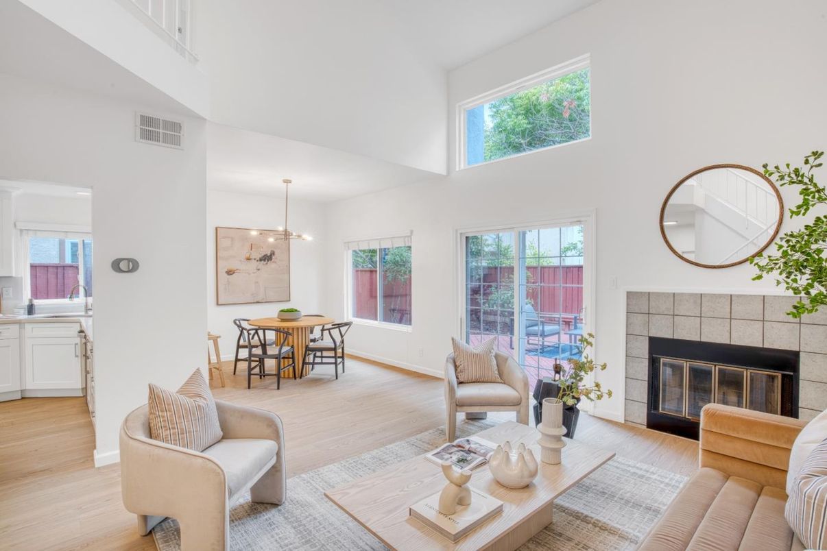 Dining room, Fireplace, Interior, Living room, Pendant Lights, Wood Texture Flooring