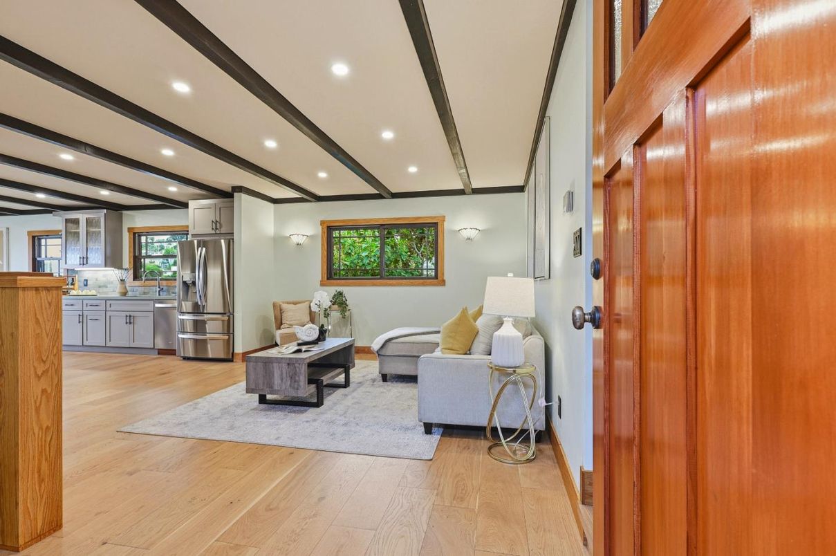 Interior, Kitchen, Living room, Recessed Lighting, Stainless Steel Appliances, Wood Texture Flooring