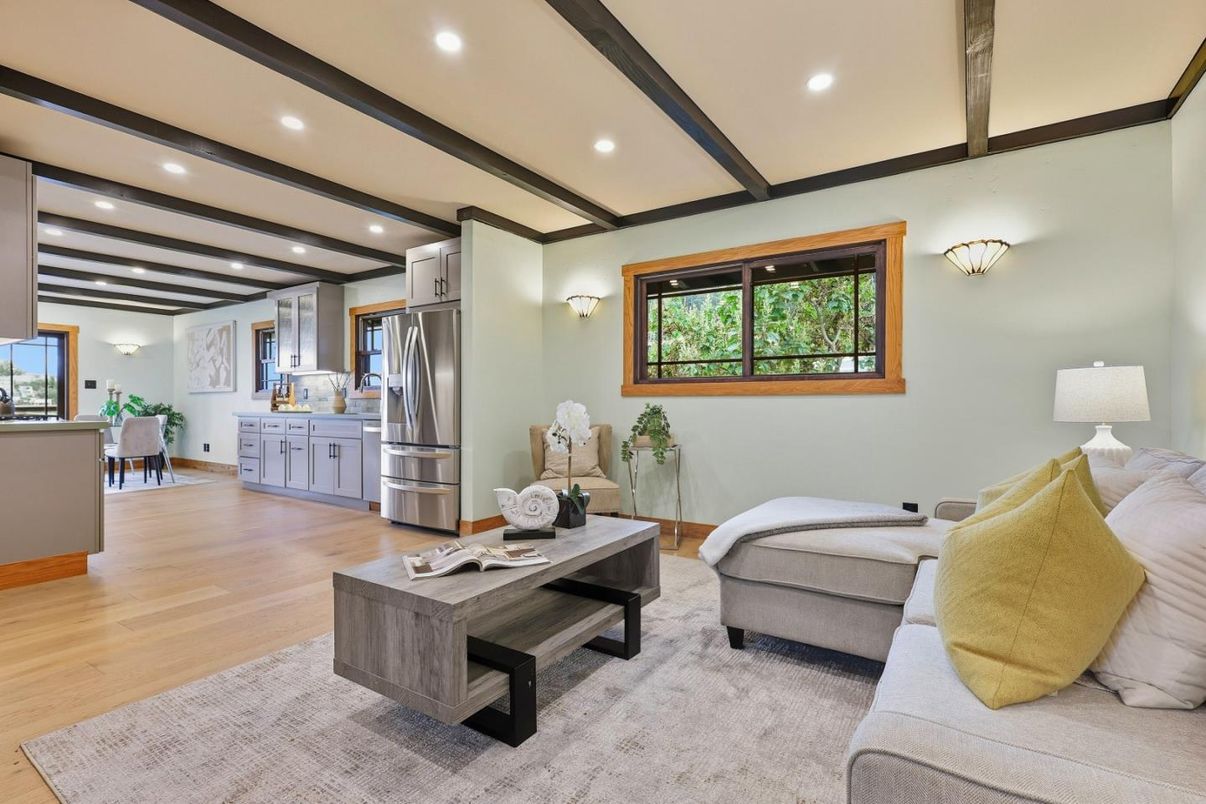 Interior, Kitchen, Living room, Recessed Lighting, Stainless Steel Appliances, Wooden Beams, Wood Texture Flooring