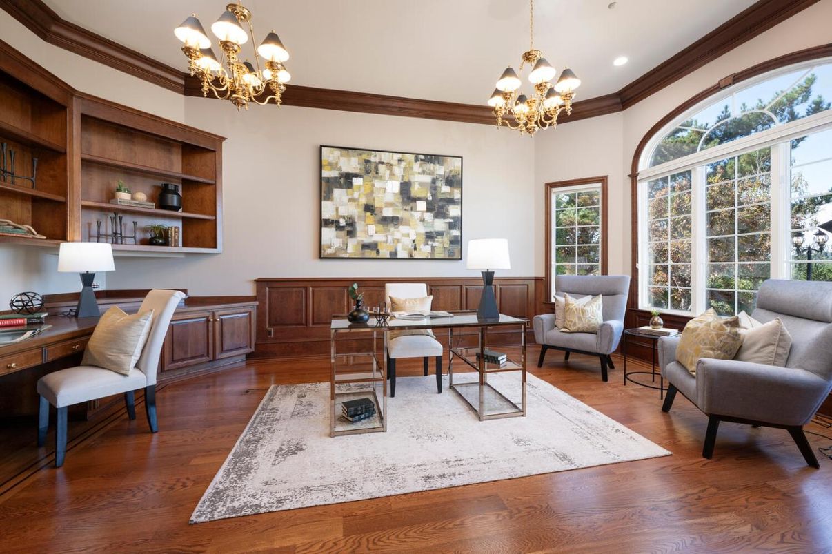 Chandelier, Home Office, Interior, Recessed Lighting, Wood Texture Flooring