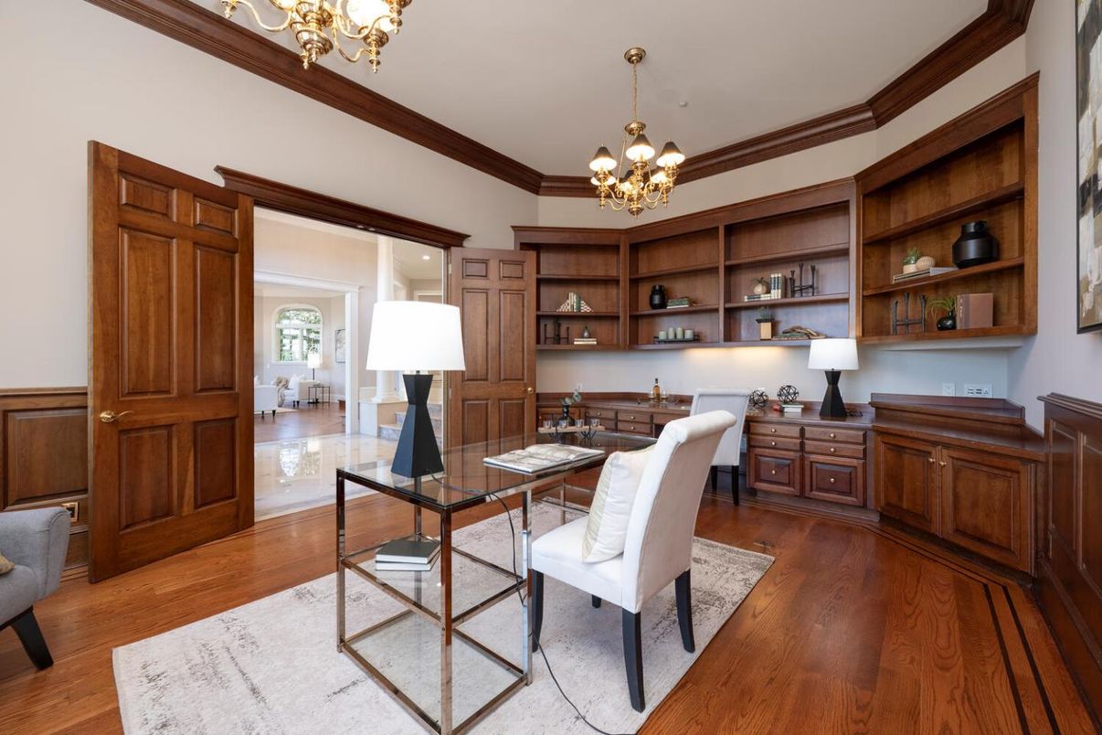 Chandelier, Home Office, Interior, Recessed Lighting, Wood Texture Flooring