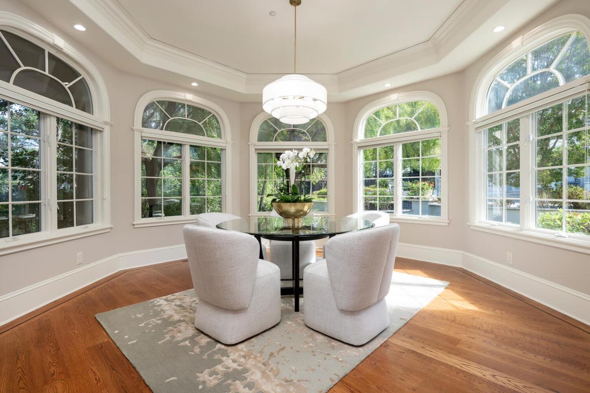 Dining room, Interior, Pendant Lights, Recessed Lighting, Wood Texture Flooring