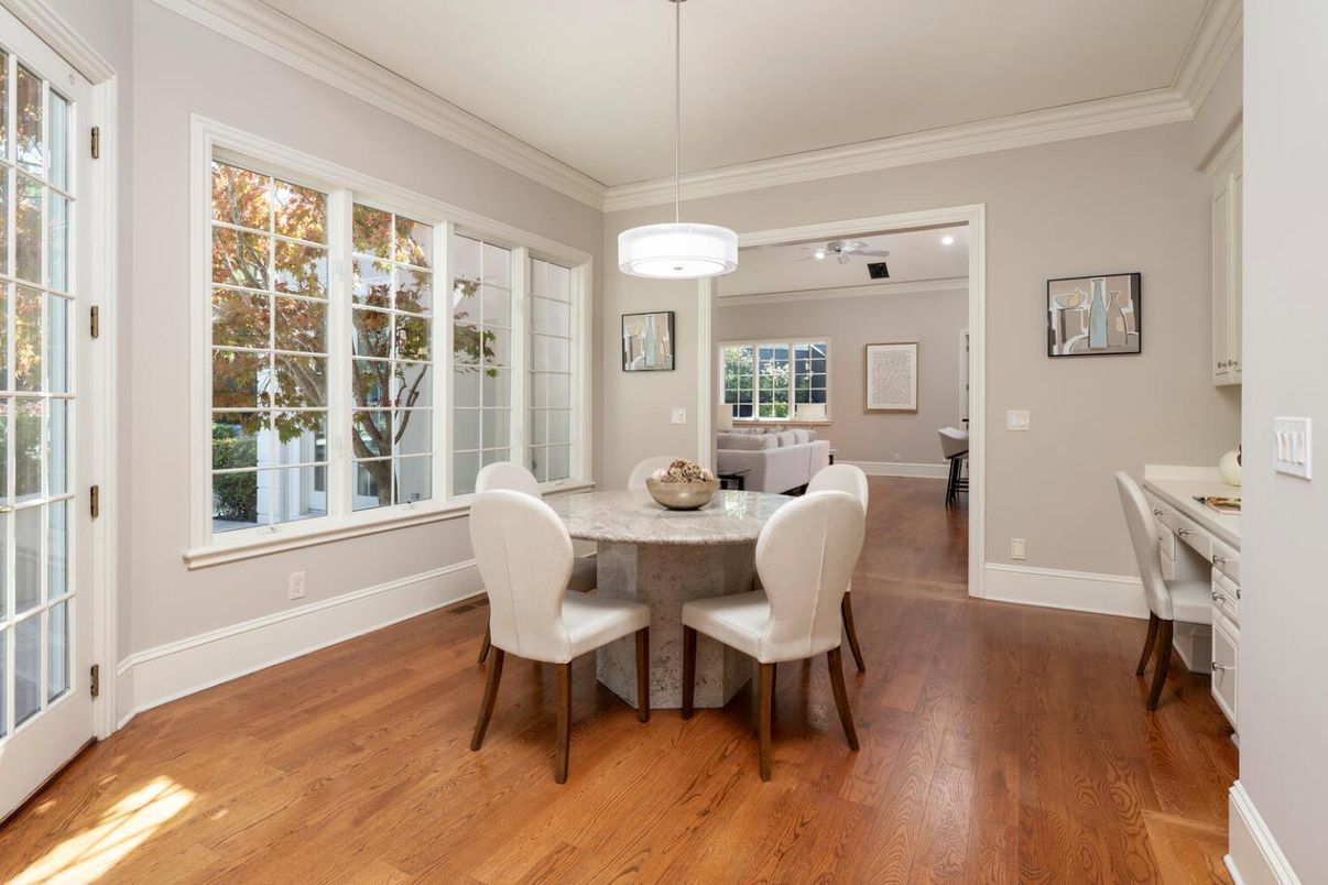 Dining room, Interior, Pendant Lights, Recessed Lighting, Wood Texture Flooring