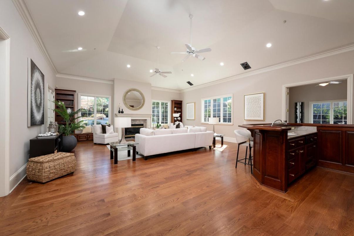 Fireplace, Interior, Living room, Recessed Lighting, Wood Texture Flooring