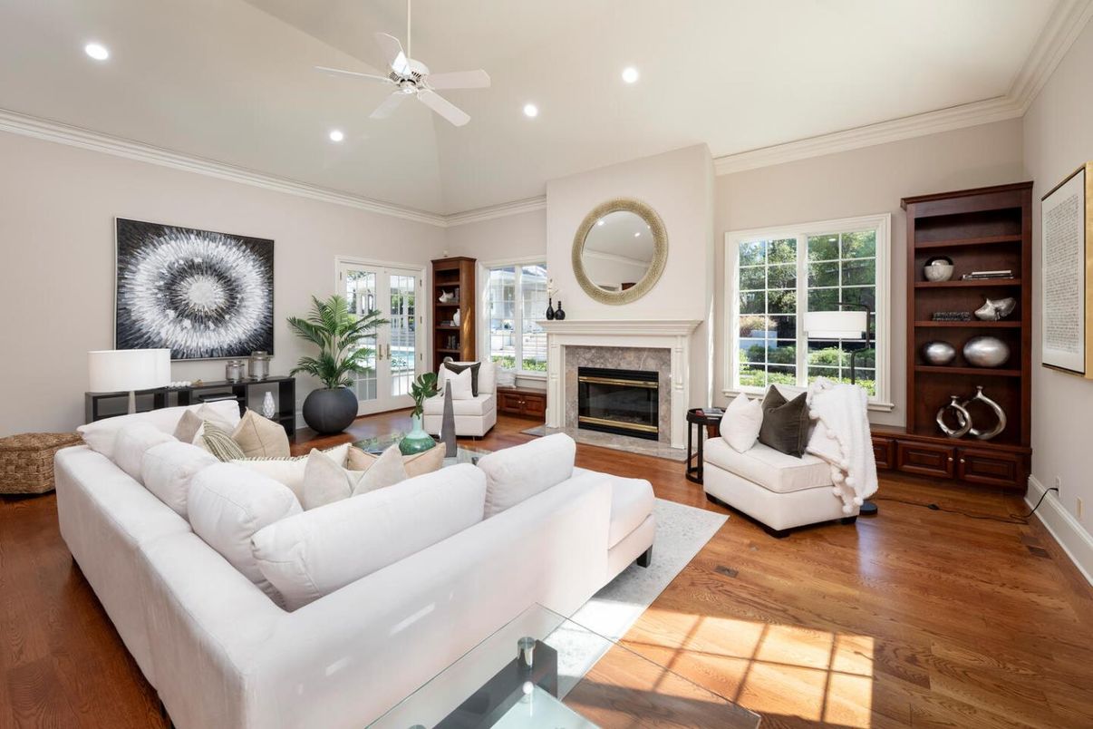 Fireplace, Interior, Living room, Recessed Lighting, Wood Texture Flooring
