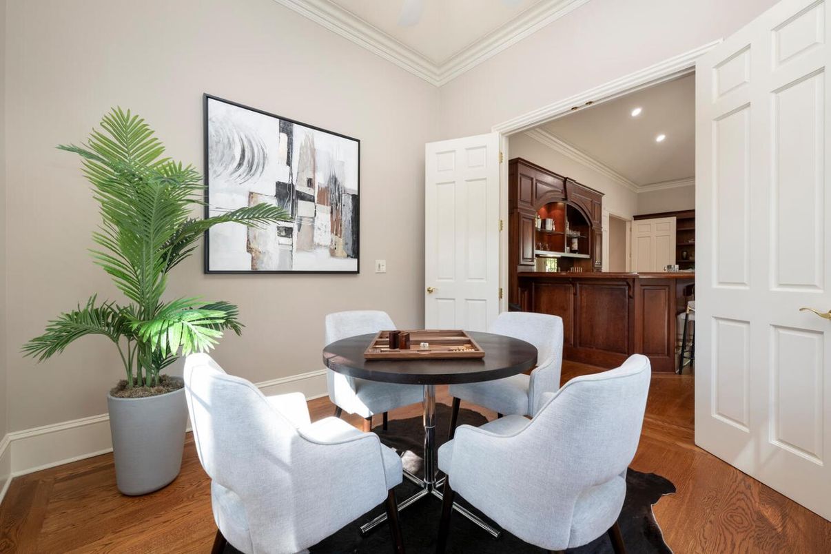 Dining room, Interior, Recessed Lighting, Wood Texture Flooring