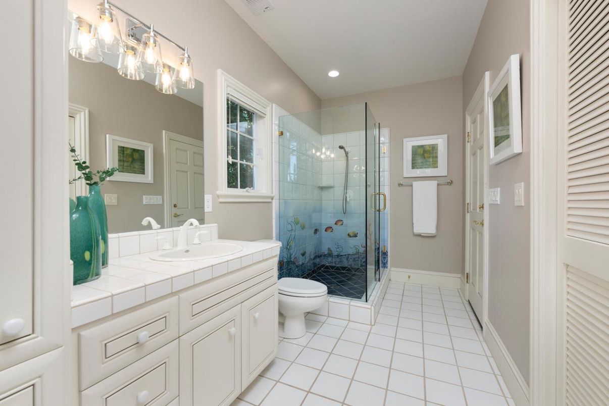 Bathroom, Glass Shower, Interior, Recessed Lighting, Tile Countertops