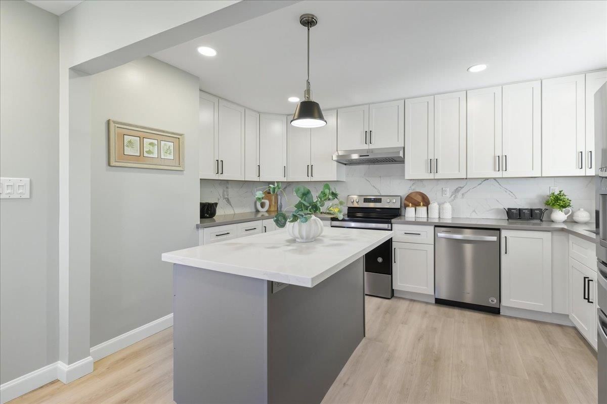 Interior, Kitchen, Pendant Lights, Recessed Lighting, Stainless Steel Appliances, Wood Texture Flooring