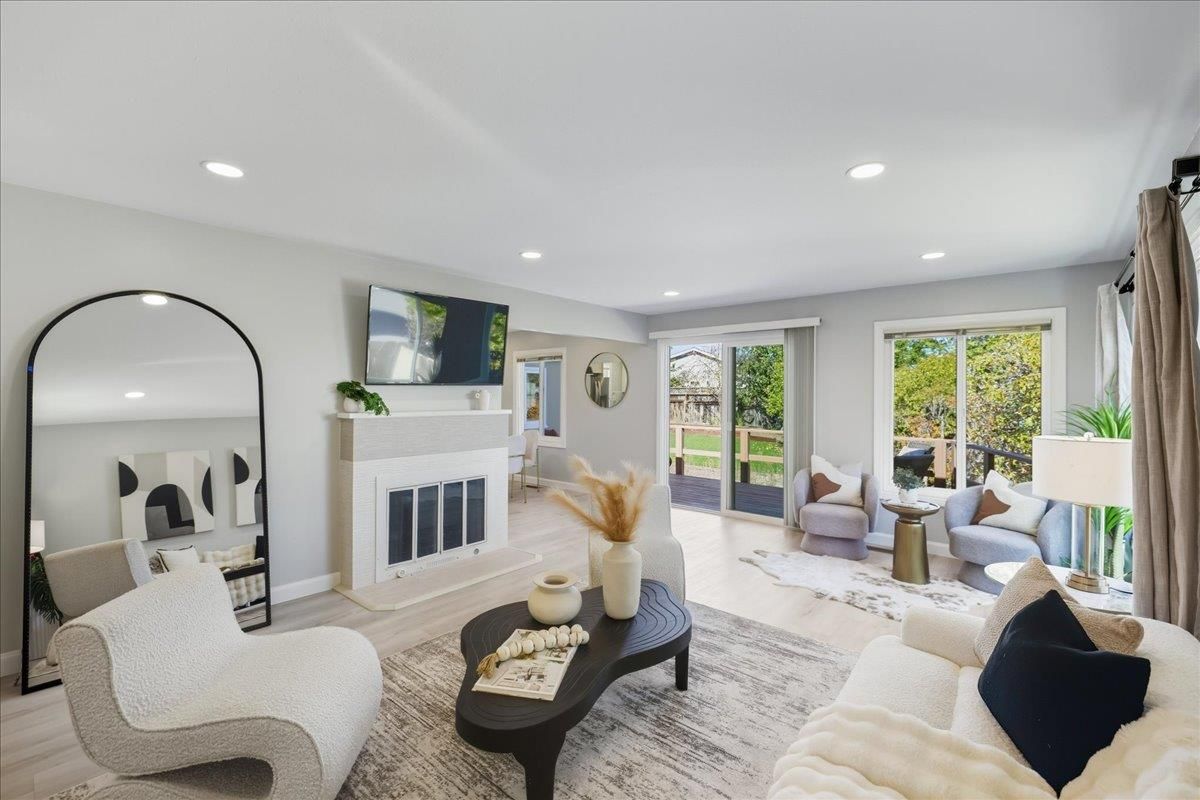 Fireplace, Interior, Living room, Recessed Lighting, Wood Texture Flooring