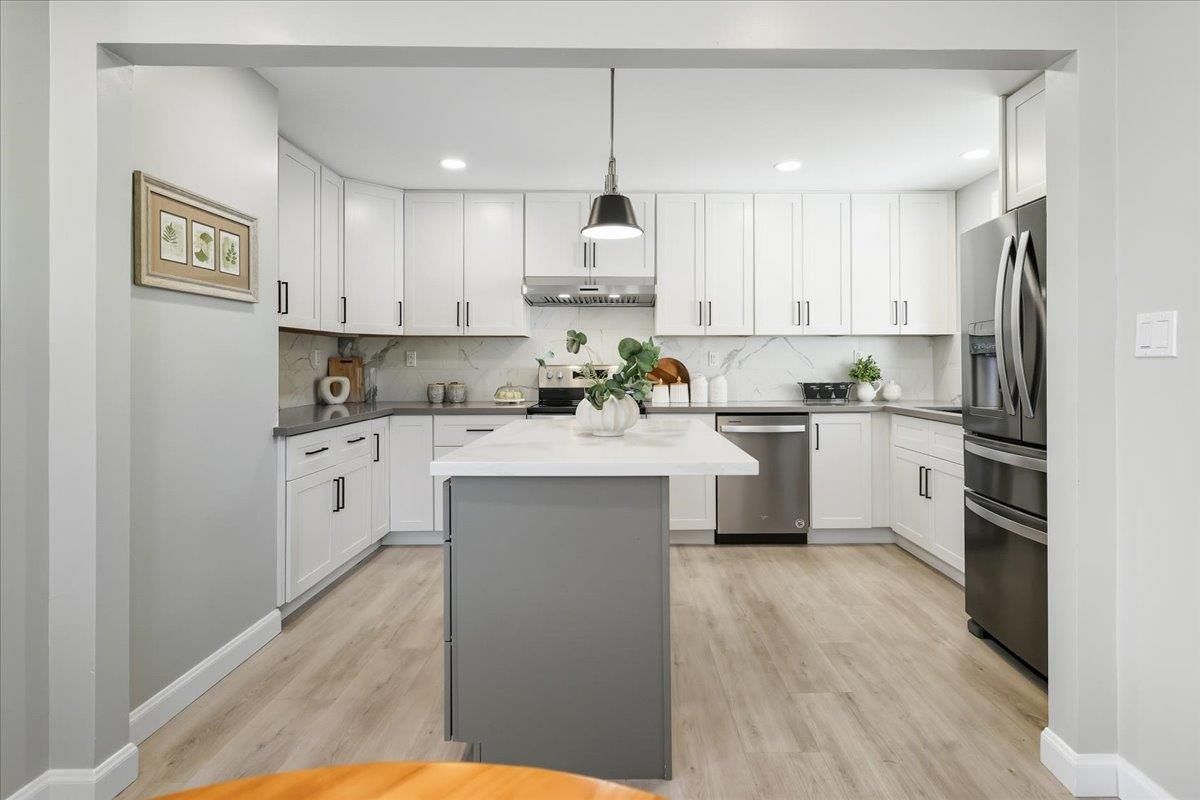 Interior, Kitchen, Pendant Lights, Recessed Lighting, Stainless Steel Appliances, Wood Texture Flooring