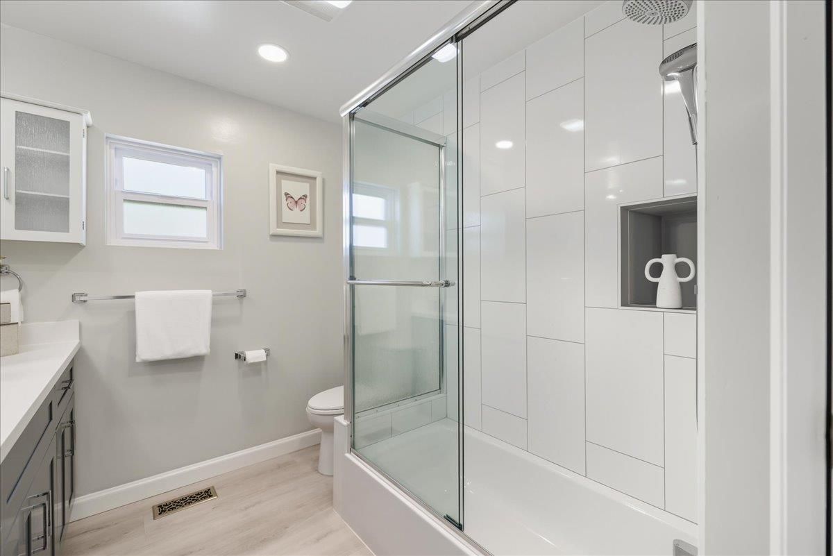 Bathroom, Glass Shower, Interior, Recessed Lighting, Wood Texture Flooring