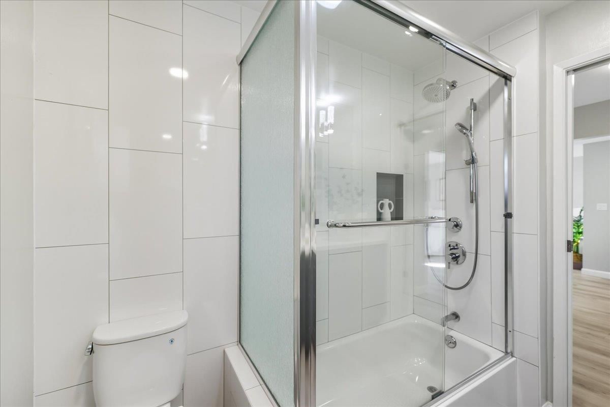 Bathroom, Glass Shower, Interior, Wood Texture Flooring