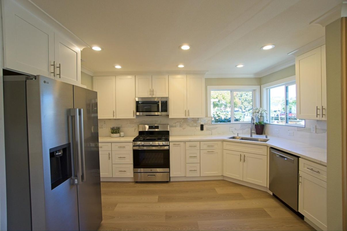 Interior, Kitchen, Recessed Lighting, Stainless Steel Appliances, Wood Texture Flooring