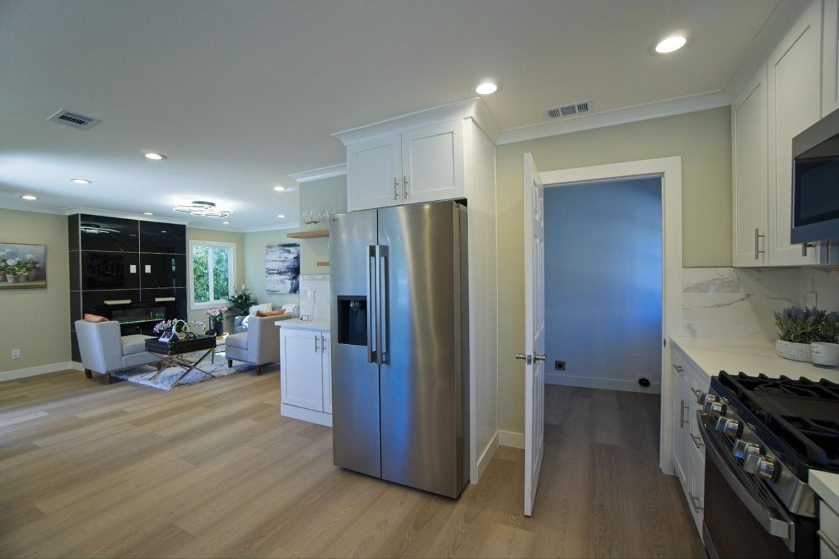 Interior, Kitchen, Living room, Recessed Lighting, Stainless Steel Appliances, Wood Texture Flooring