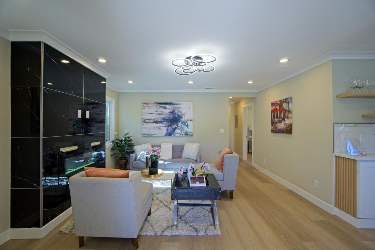 Interior, Living room, Marble Walls, Recessed Lighting, Wood Texture Flooring