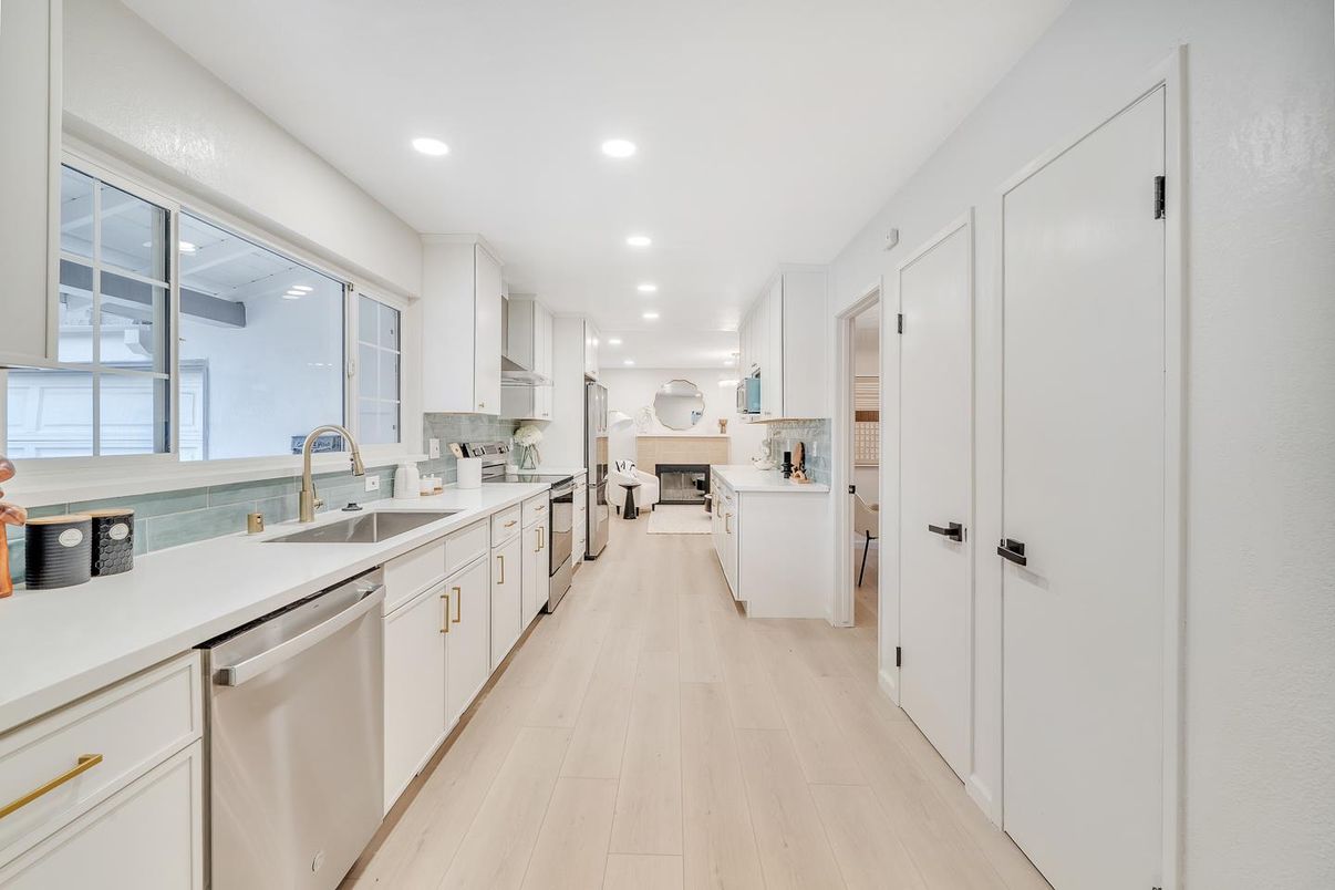 Interior, Kitchen, Recessed Lighting, Stainless Steel Appliances, Wood Texture Flooring