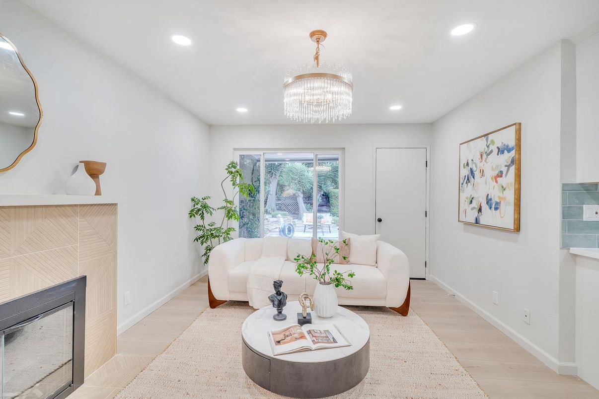 Chandelier, Fireplace, Interior, Living room, Recessed Lighting, Wood Texture Flooring