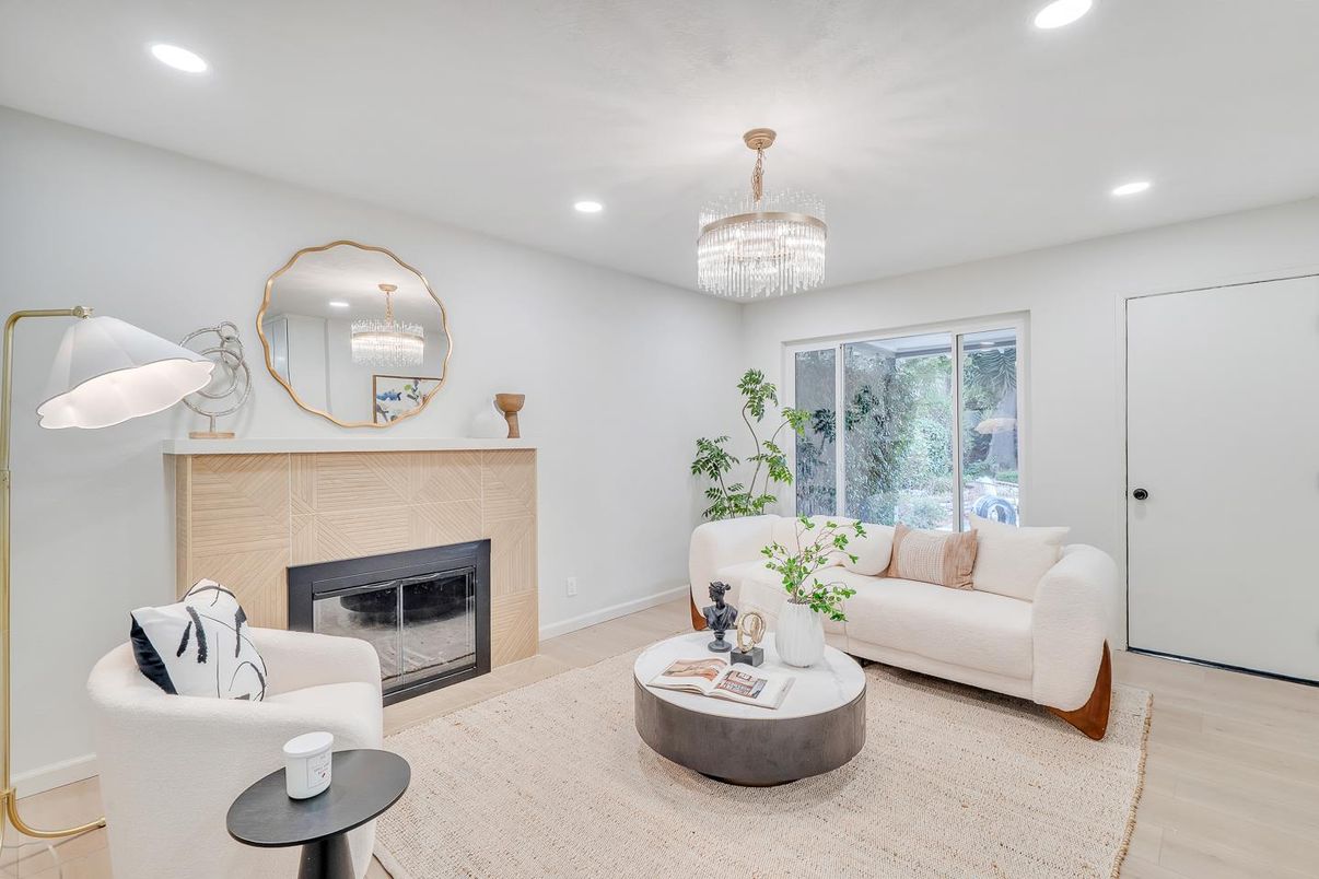 Chandelier, Fireplace, Interior, Living room, Recessed Lighting, Wood Texture Flooring