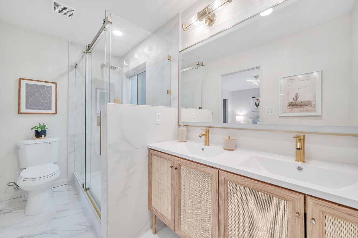 Bathroom, Dual Sink Vanities, Glass Shower, Interior, Marble, Recessed Lighting