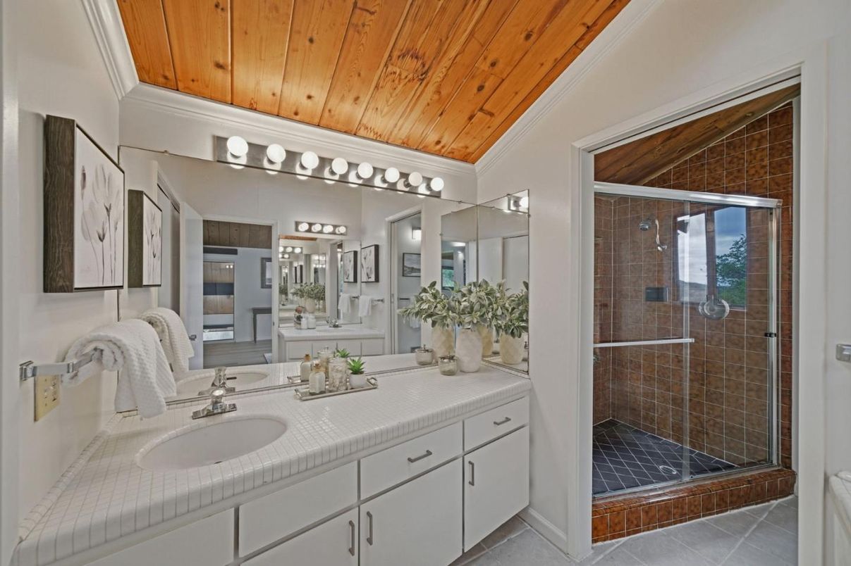 Bathroom, Dual Sink Vanities, Glass Shower, Interior, Tile Countertops, Wooden Ceilings