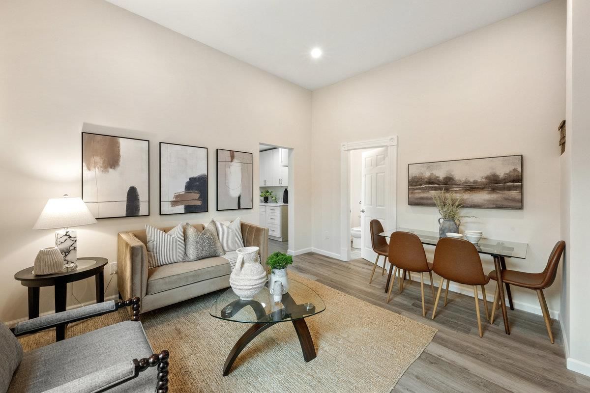 Dining room, Interior, Living room, Recessed Lighting, Wood Texture Flooring