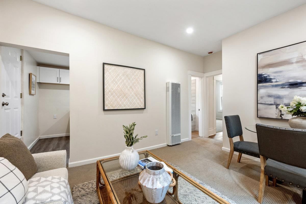Dining room, Interior, Living room, Recessed Lighting, Wood Texture Flooring