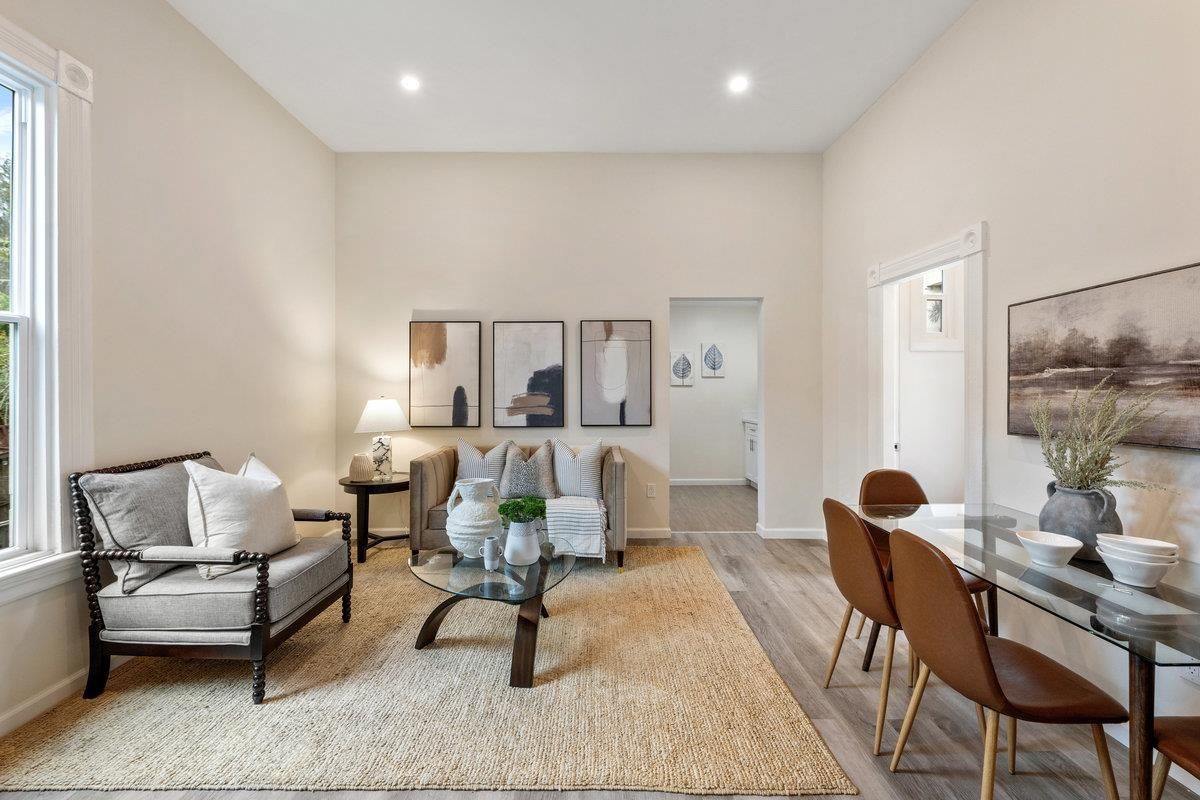 Dining room, Interior, Living room, Recessed Lighting, Wood Texture Flooring