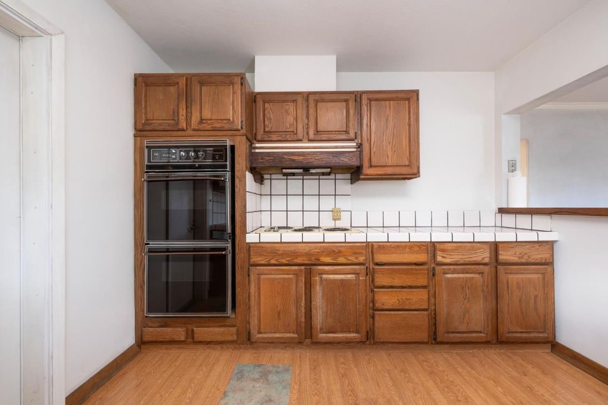 Interior, Kitchen, Tile Countertops, Wood Texture Flooring