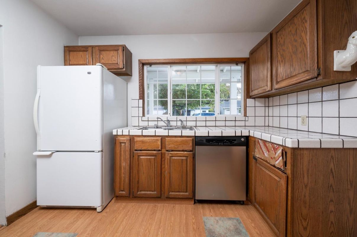 Interior, Kitchen, Tile Countertops, Wood Texture Flooring