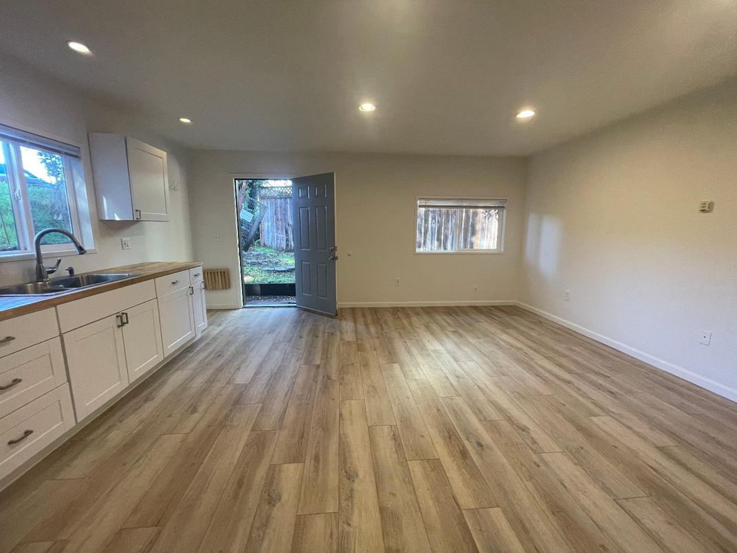 Empty room, Interior, Kitchen, Recessed Lighting, Wood Texture Flooring