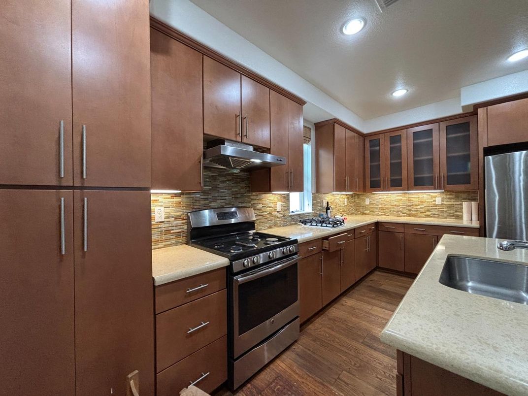 Interior, Kitchen, Recessed Lighting, Stainless Steel Appliances, Wood Texture Flooring