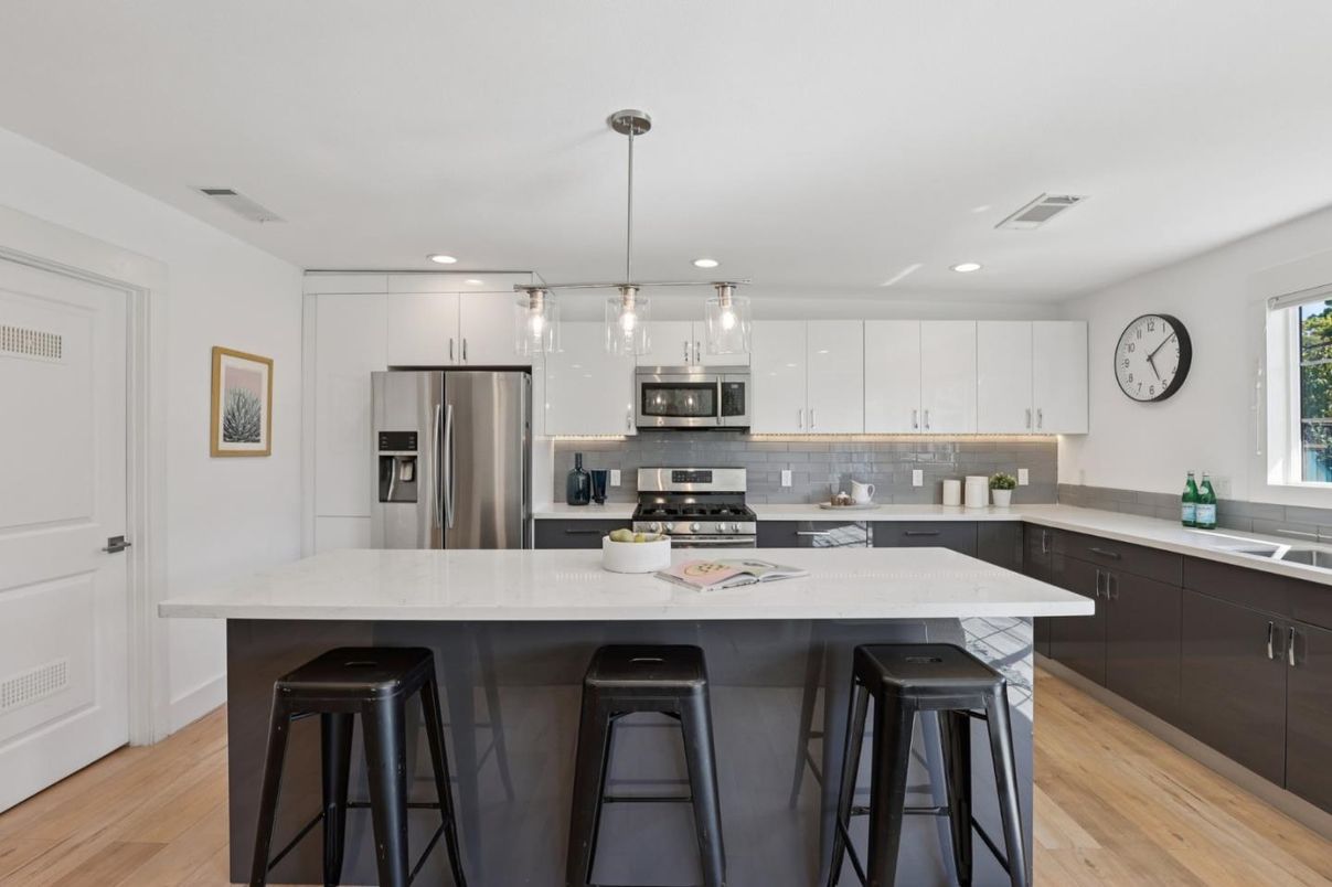 Interior, Kitchen, Pendant Lights, Recessed Lighting, Stainless Steel Appliances, Wood Texture Flooring