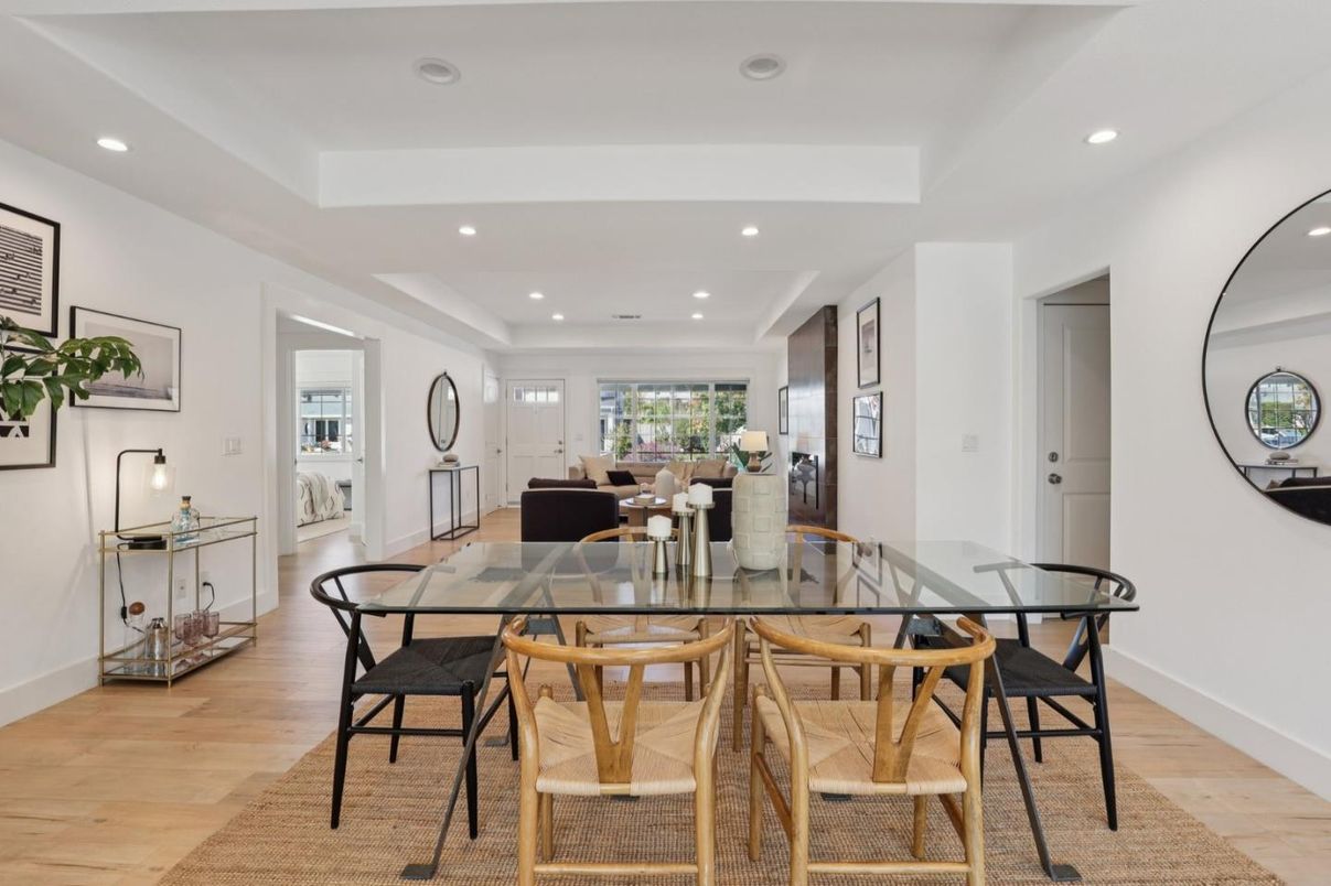 Dining room, Interior, Living room, Recessed Lighting, Wood Texture Flooring