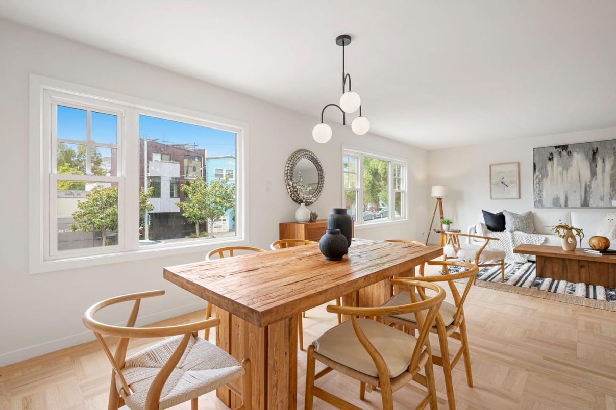 Dining room, Interior, Pendant Lights, Wood Texture Flooring