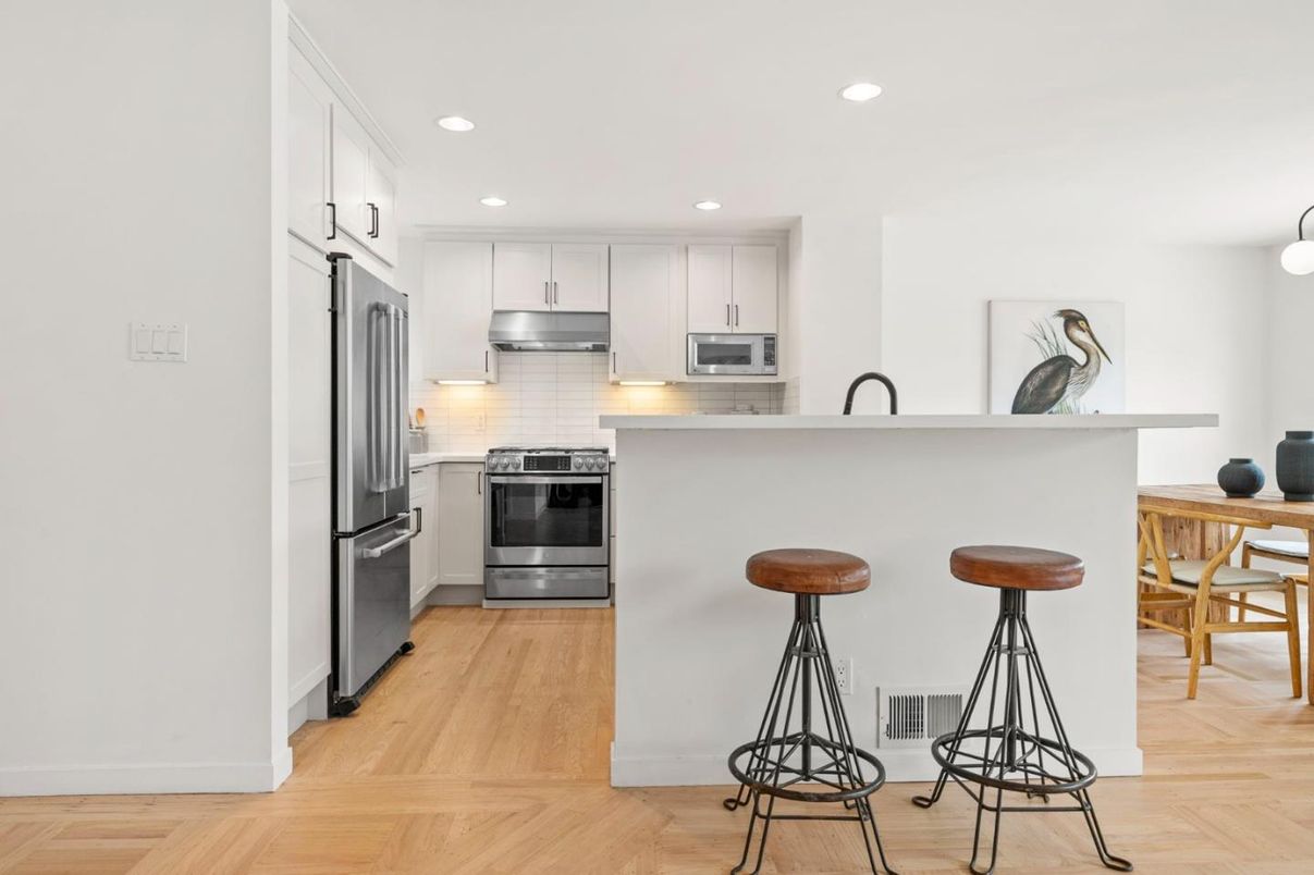 Interior, Kitchen, Recessed Lighting, Stainless Steel Appliances, Wood Texture Flooring