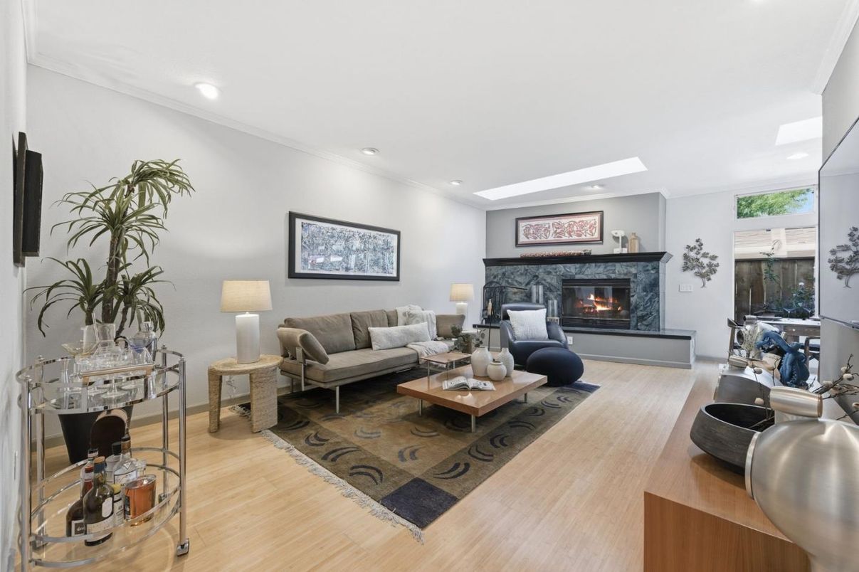 Fireplace, Interior, Living room, Recessed Lighting, Wood Texture Flooring