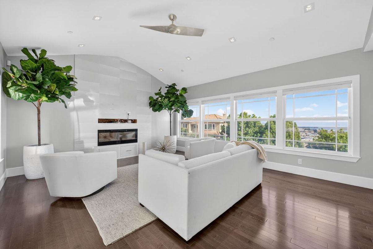 Fireplace, Interior, Living room, Recessed Lighting, Water, Wood Texture Flooring