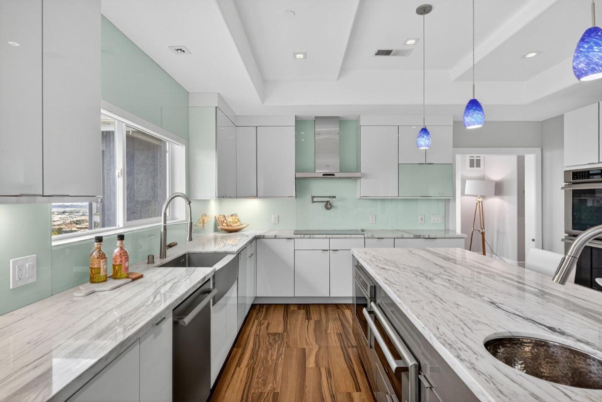 Interior, Kitchen, Pendant Lights, Recessed Lighting, Stainless Steel Appliances, Wood Texture Flooring