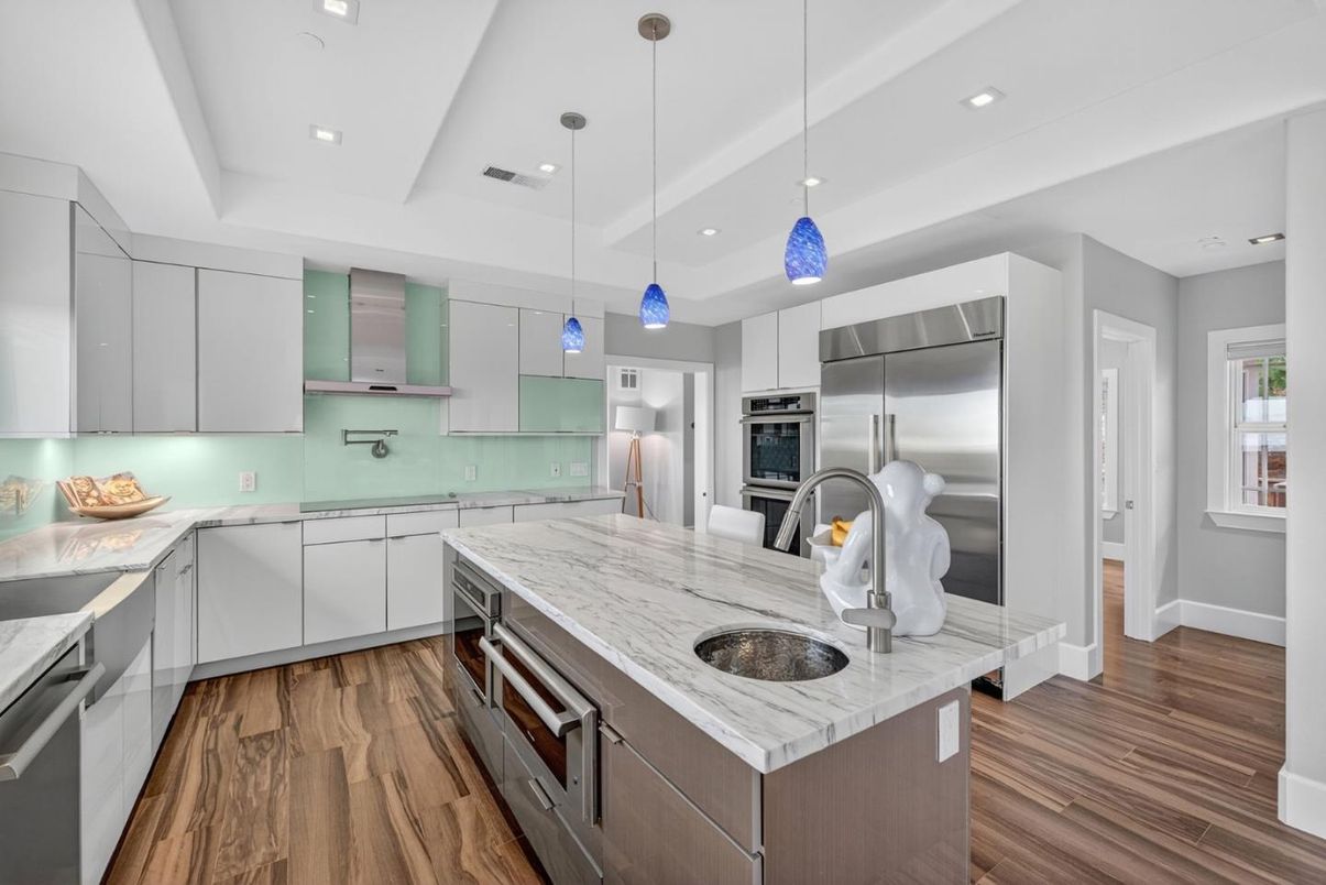 Interior, Kitchen, Pendant Lights, Recessed Lighting, Stainless Steel Appliances, Wood Texture Flooring