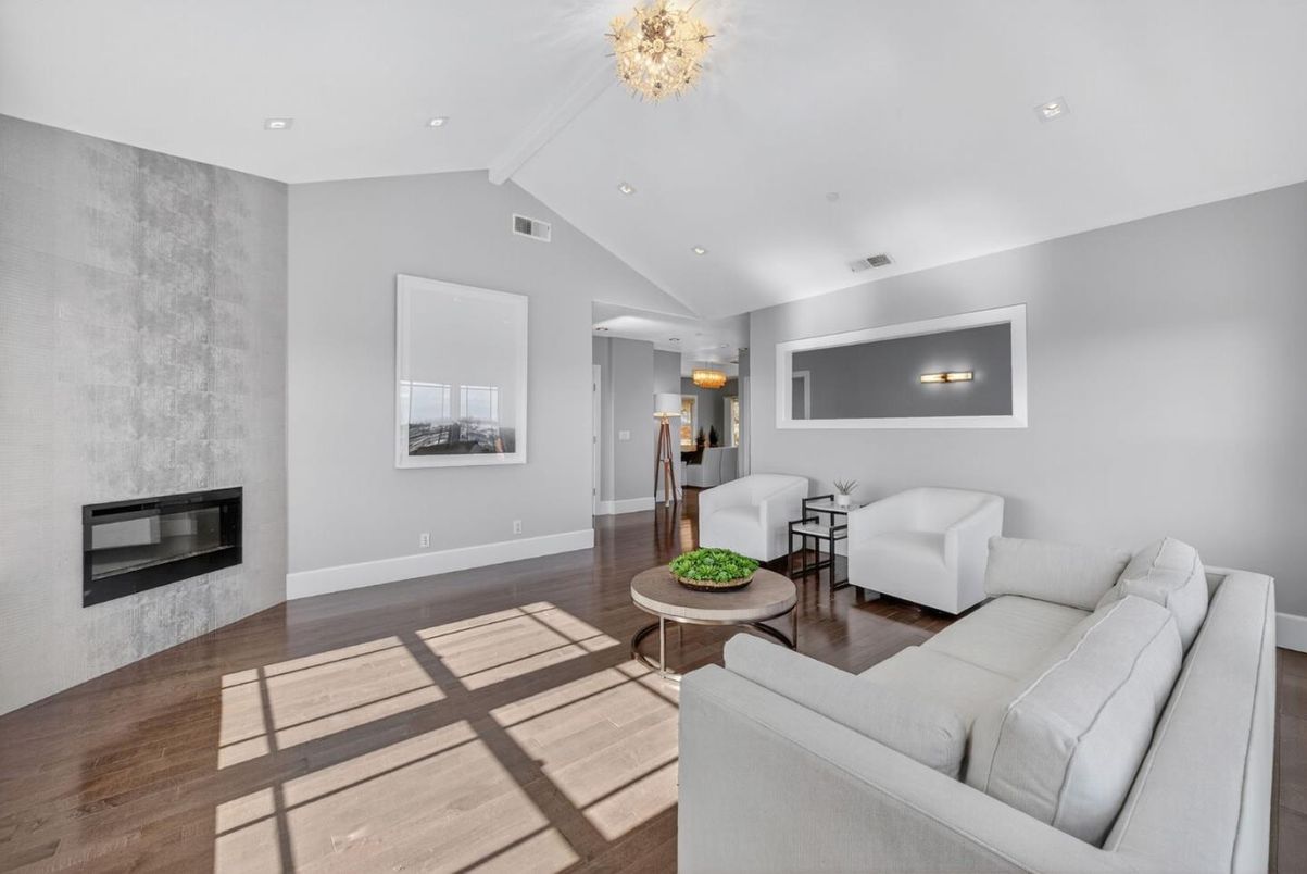 Fireplace, Interior, Living room, Recessed Lighting, Wood Texture Flooring