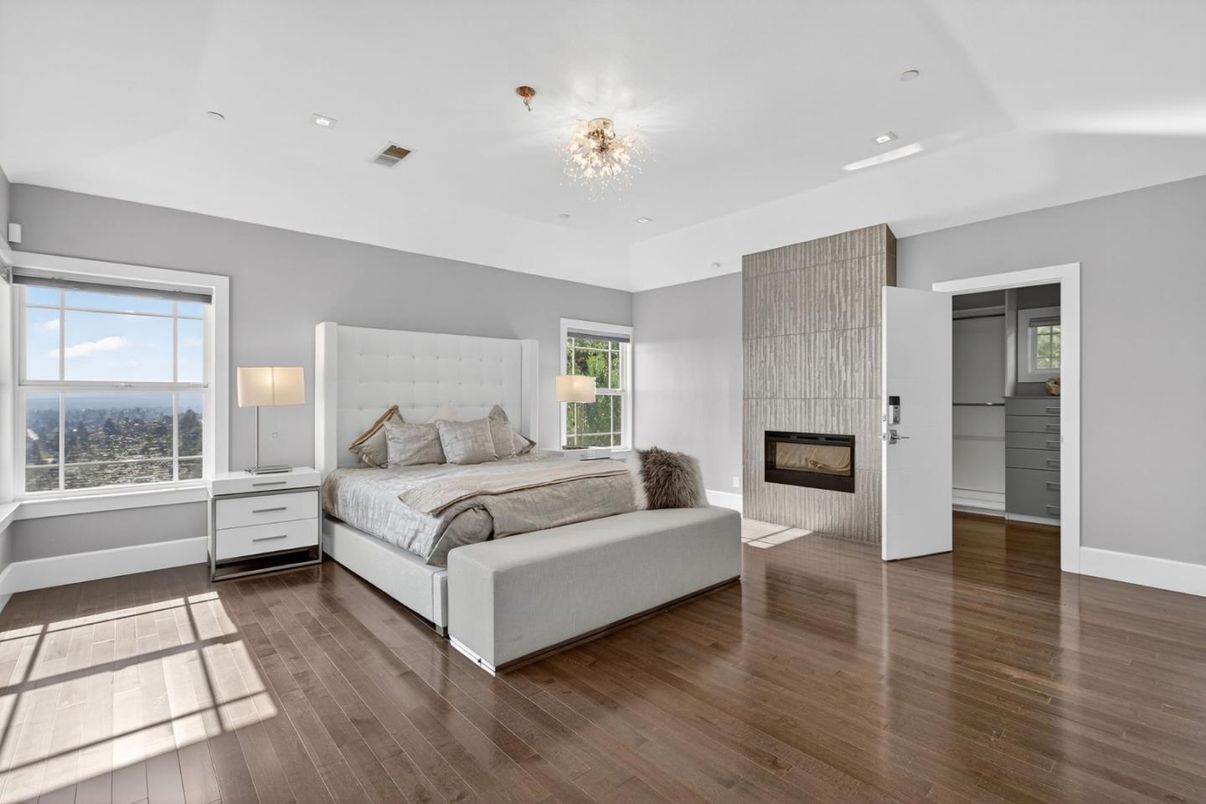 Bedroom, Chandelier, Fireplace, Interior, Recessed Lighting, Wood Texture Flooring