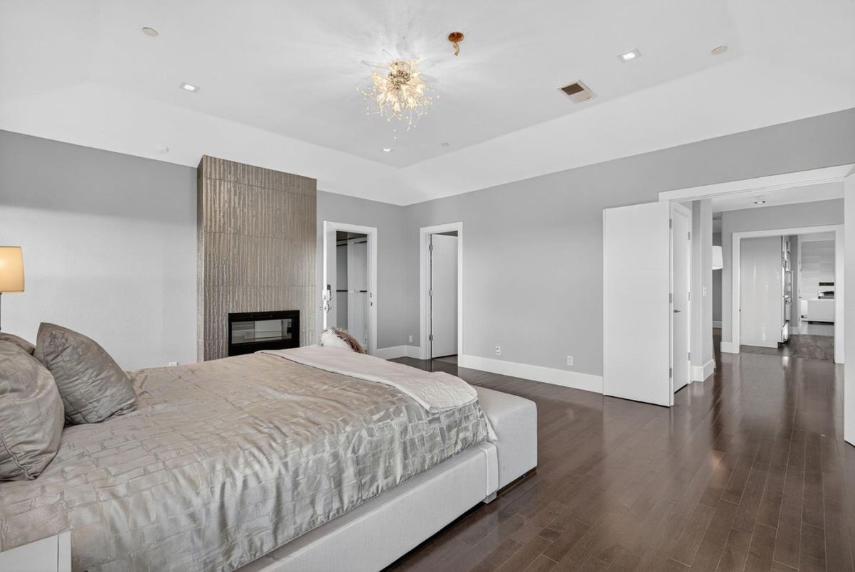 Bedroom, Fireplace, Interior, Recessed Lighting, Wood Texture Flooring