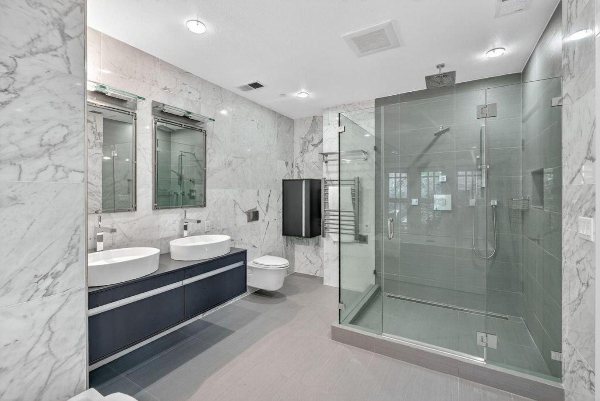Bathroom, Dual Sink Vanities, Glass Shower, Interior, Marble Walls, Recessed Lighting