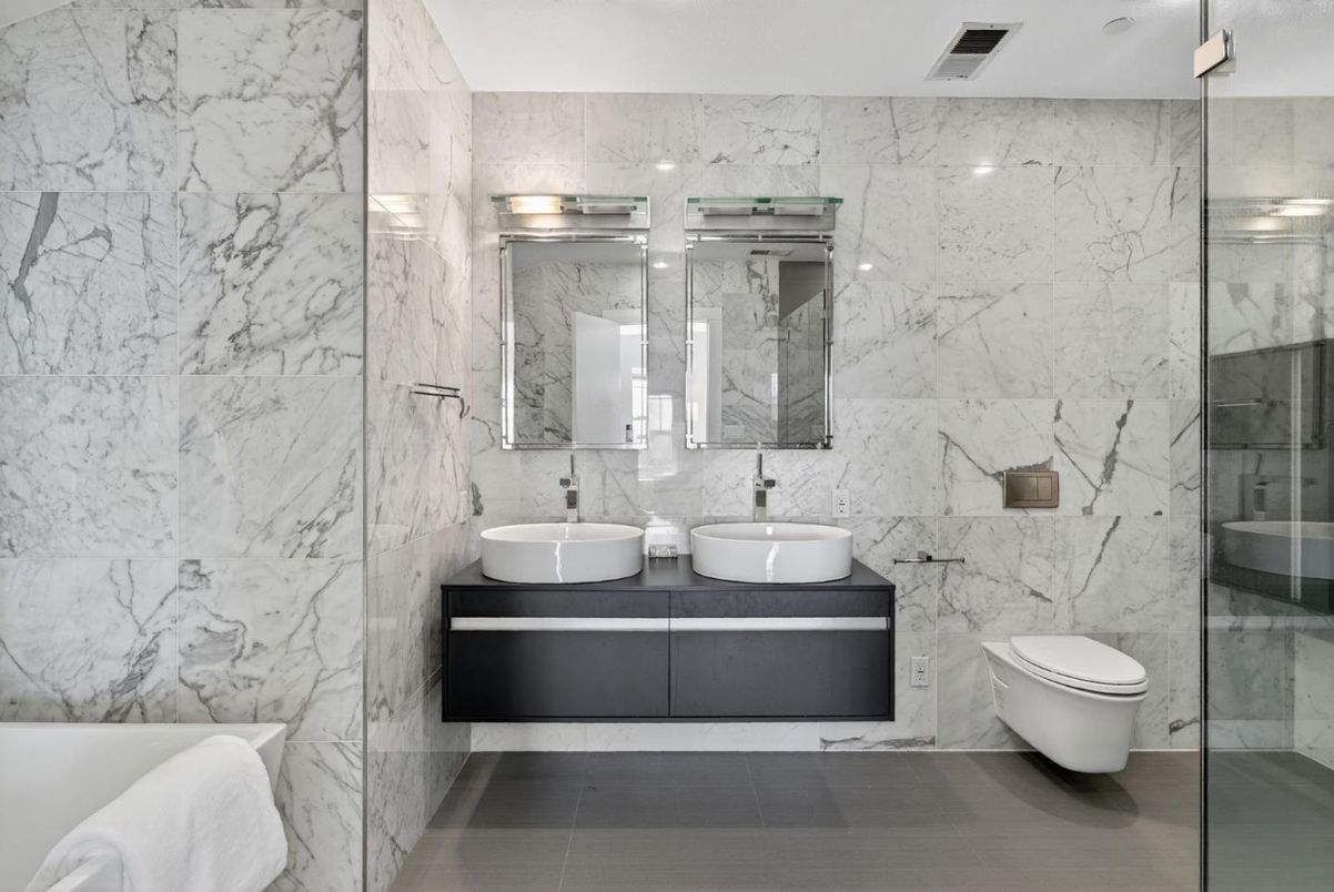 Bathroom, Dual Sink Vanities, Glass Shower, Interior, Marble Walls