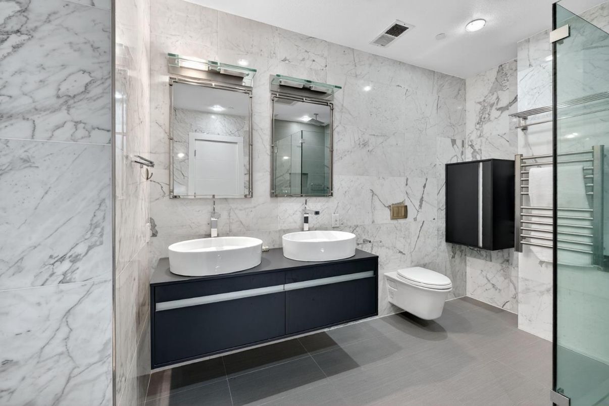 Bathroom, Dual Sink Vanities, Glass Shower, Interior, Marble Walls, Recessed Lighting