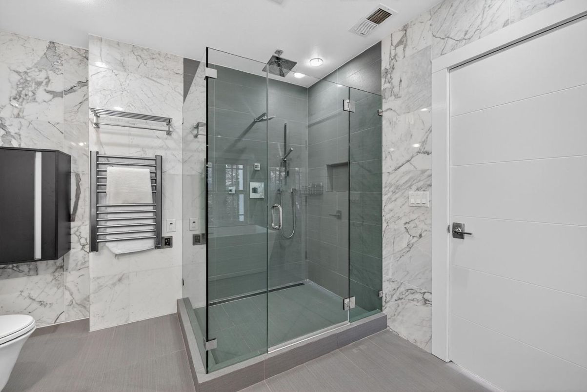Bathroom, Glass Shower, Interior, Marble Walls, Recessed Lighting